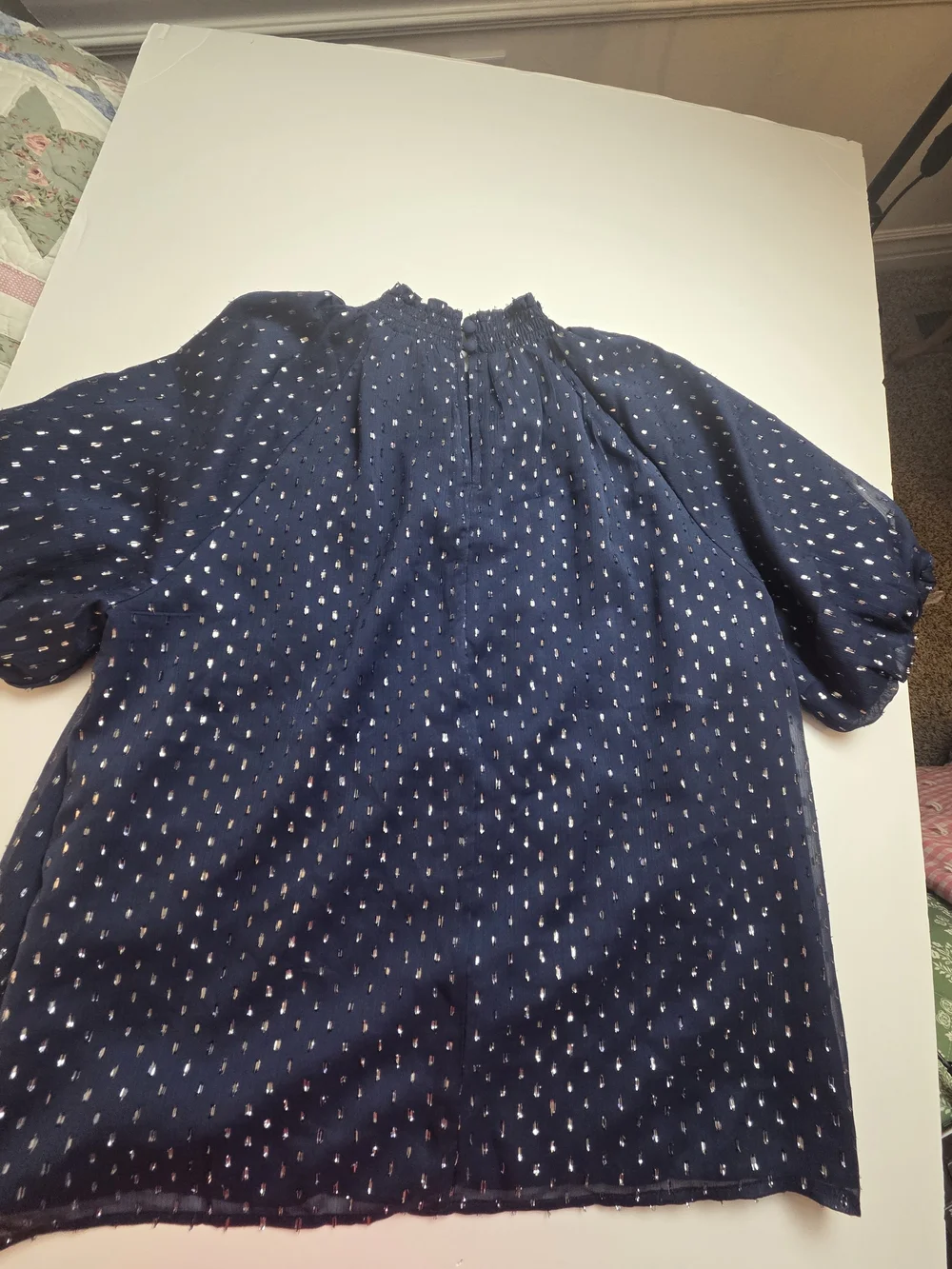 LOFT Navy Smocked-Neck Dot Top